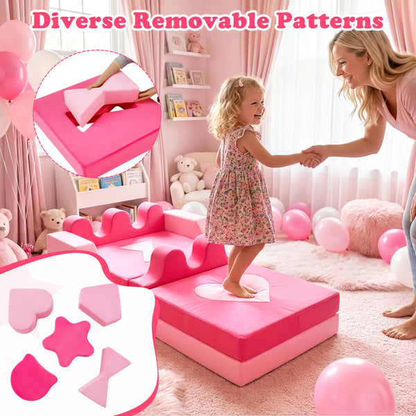 14 Piece Pink Kids Play Couch Modular Foam Climbing Blocks for Ages 3+, perfect for fun and safe playtime.