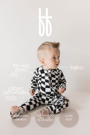Bamboo Zip Pajamas | Black & White Wavy Checkerboard
