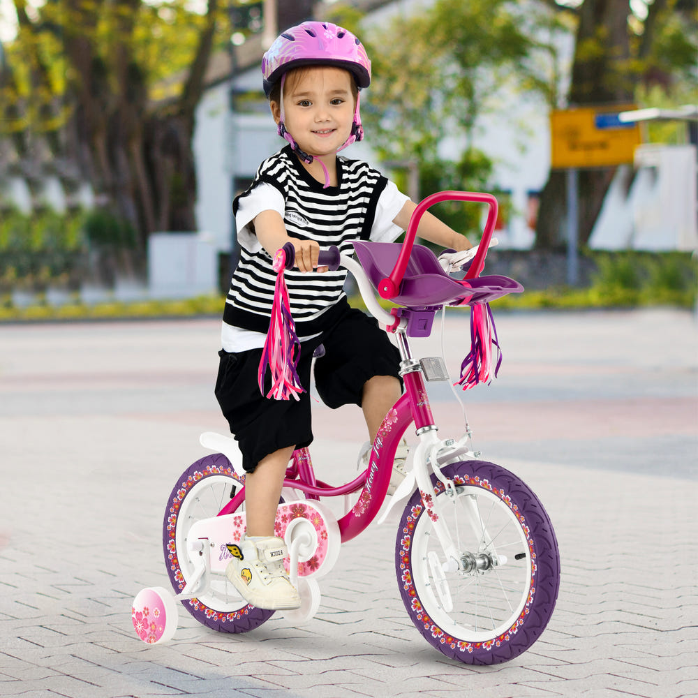 14-inch kids bike with doll seat and removable training wheels, perfect for outdoor fun and learning to ride.