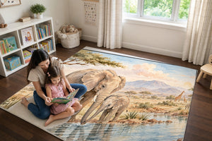 Mom and daughter reading a book on the Elephant Family Safari play rug