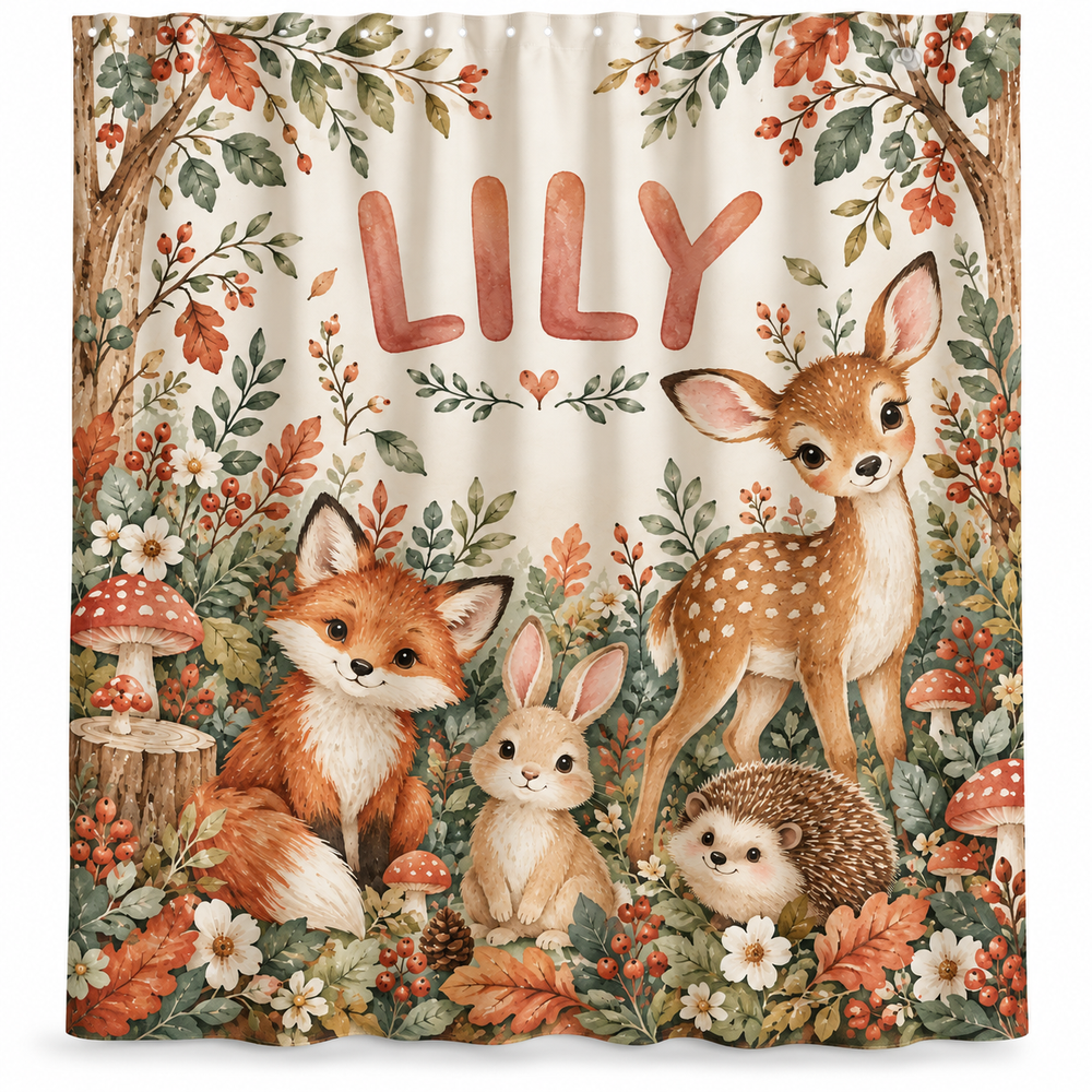 Personalized fox, fawn and hedgehog kids shower curtain with the name Lily