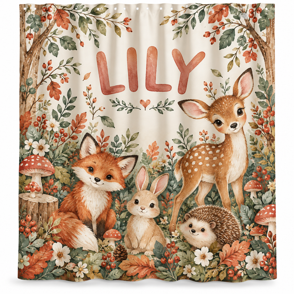 Personalized fox, fawn and hedgehog shower curtain with the name Lily hanging in a kids bathroom