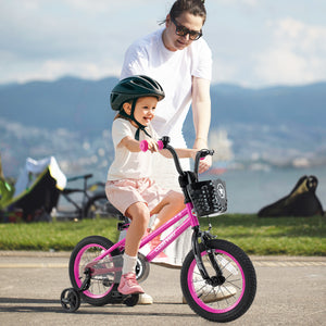12-inch adjustable kids bike with front basket for children aged 3, shown at angle 9. Perfect for outdoor fun!