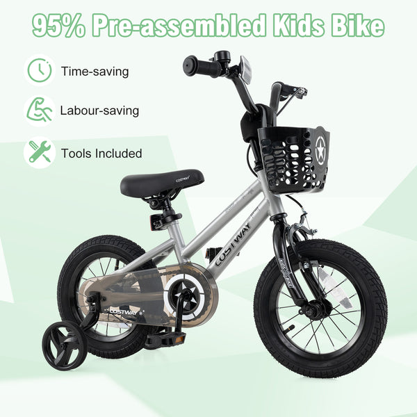 12-inch adjustable kids bike with transparent chain cover, perfect for 3-year-olds, angled view showcasing design.