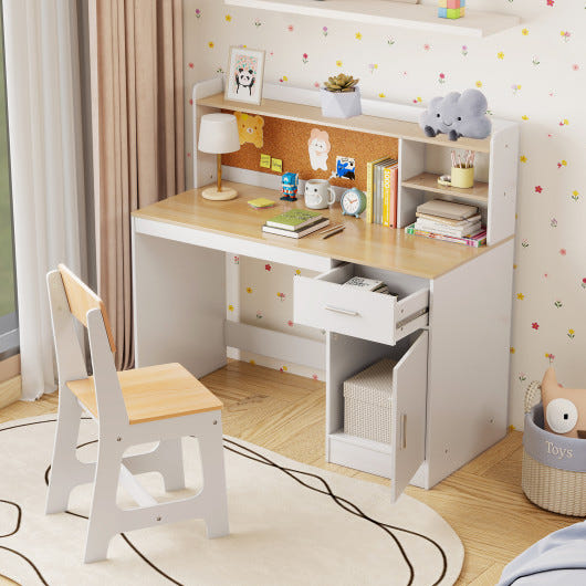 Kids study desk and chair set in natural wood finish, perfect for student learning and playtime.