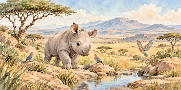 Watercolor Baby Rhino Safari Wall Mural, image 3
