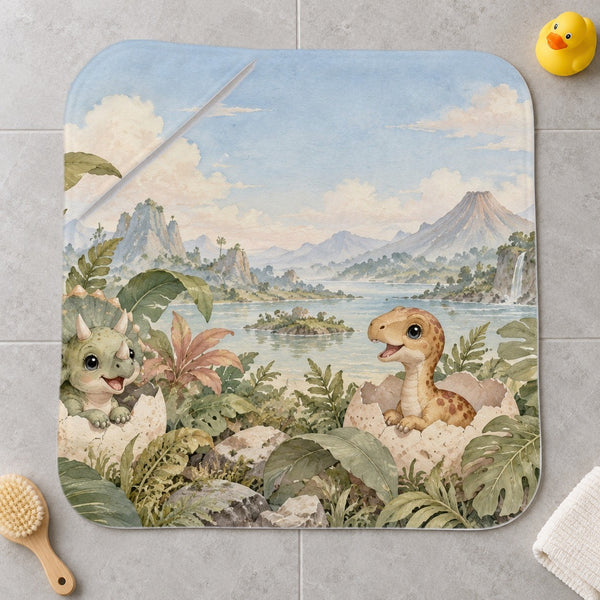 Hatching Dinosaurs kids hooded bath towel laid flat