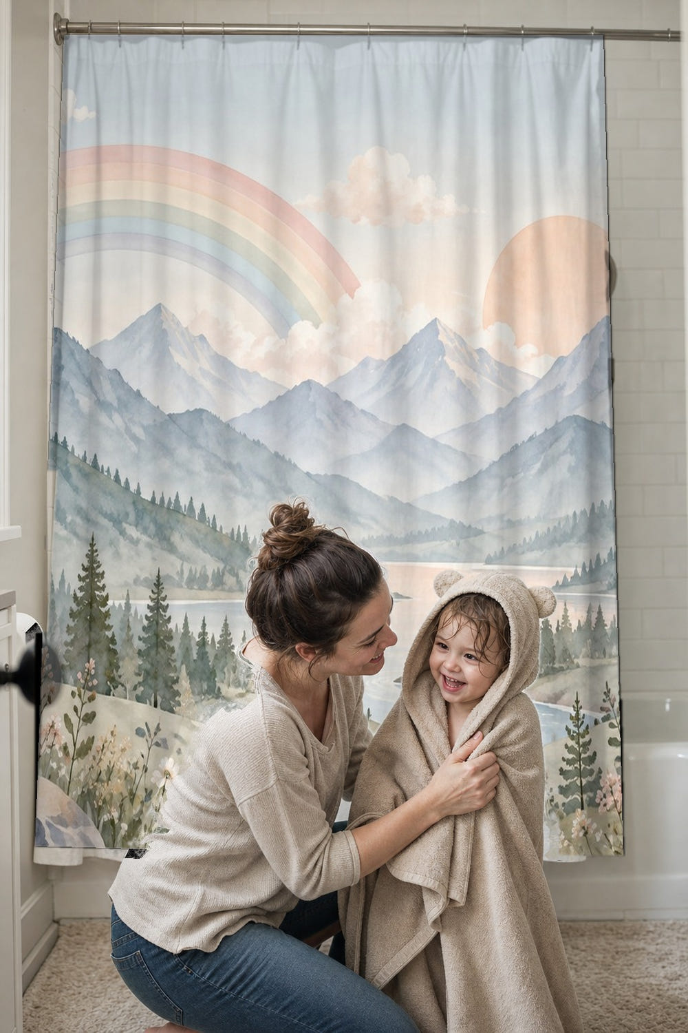 Alpine Lake Rainbow shower curtain, full front view of the 71 x 74 in fabric curtain