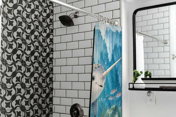 Baby Narwhal Ocean shower curtain in a modern farmhouse bathroom with subway tile