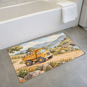 Dump Truck Road bath mat on the floor in front of the tub