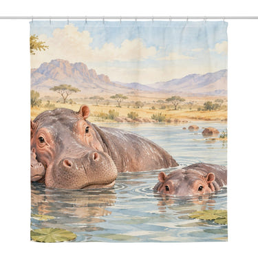 Hippo Family Safari shower curtain, full front view of the 71 x 74 in fabric curtain