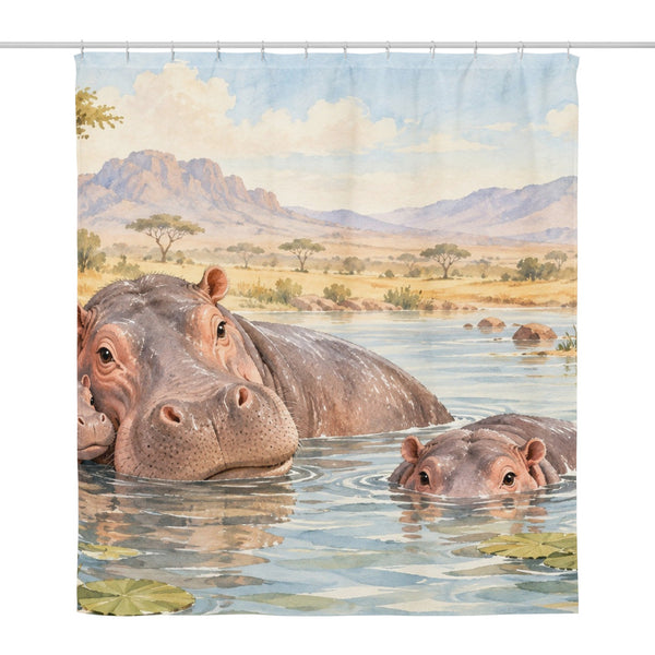 Hippo Family Safari shower curtain, full front view of the 71 x 74 in fabric curtain