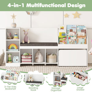 Kids Bookcase with Reading Nook 4-in-1 Standing Toy Organizer-White