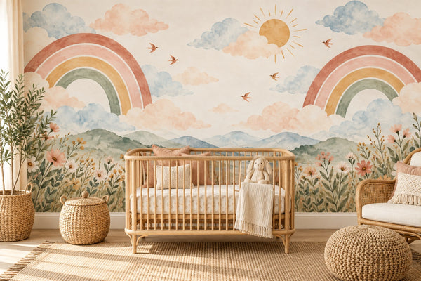 Watercolor Wildflower Rainbow Meadow Wall Mural, image 1