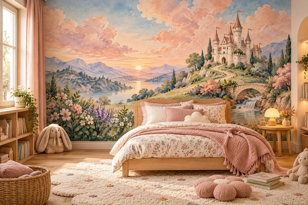 Watercolor Hilltop Castle Fairy Tale Wall Mural, image 2