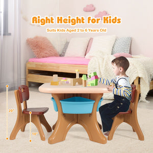 Colorful 3-piece plastic children play table and chair set for indoor and outdoor use, angled view.