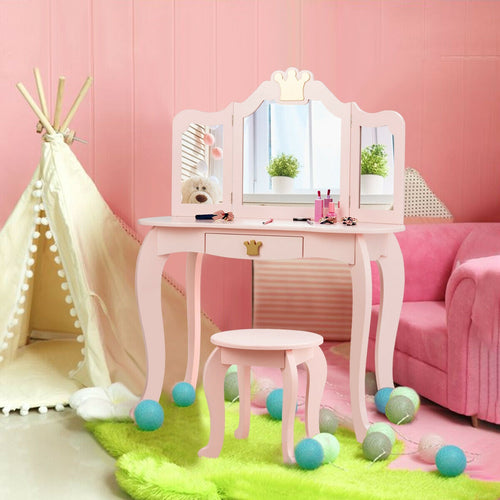 Kids makeup dressing table with tri-folding mirror and stool for imaginative play. Perfect for little ones!
