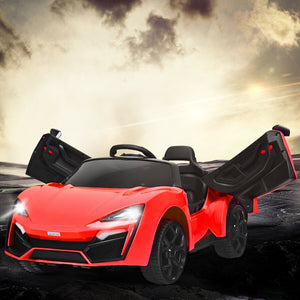 12V 2.4G RC electric vehicle for kids with lights, angled view showcasing its design and features.