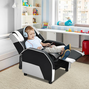 Kids PU leather gaming sofa recliner with headrest and footrest, perfect for comfortable play and sleep.