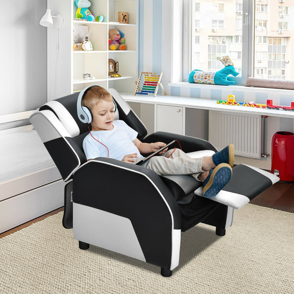 Kids PU leather gaming sofa recliner with headrest and footrest, perfect for comfortable play and sleep.