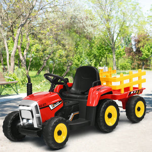12V ride-on tractor with 3-gear shift and ground loader for kids aged 3+, angled view showcasing vibrant design.