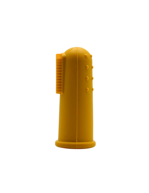 Mustard and army green finger toothbrushes for babies, perfect for gentle oral care. Angle 4 view.