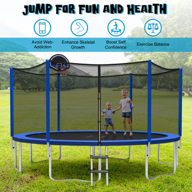 15/16 feet outdoor trampoline with enclosure net for safe and fun recreational play for kids.