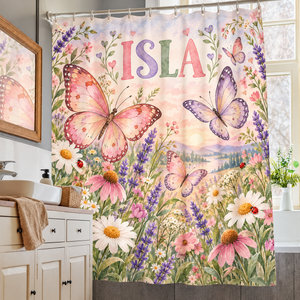 Butterfly Meadow personalized kids shower curtain over a bathtub
