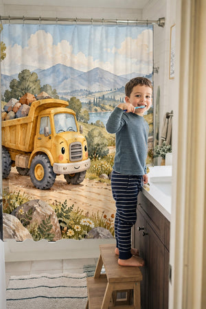 Child brushing teeth in a family bathroom with the Dump Truck Road shower curtain
