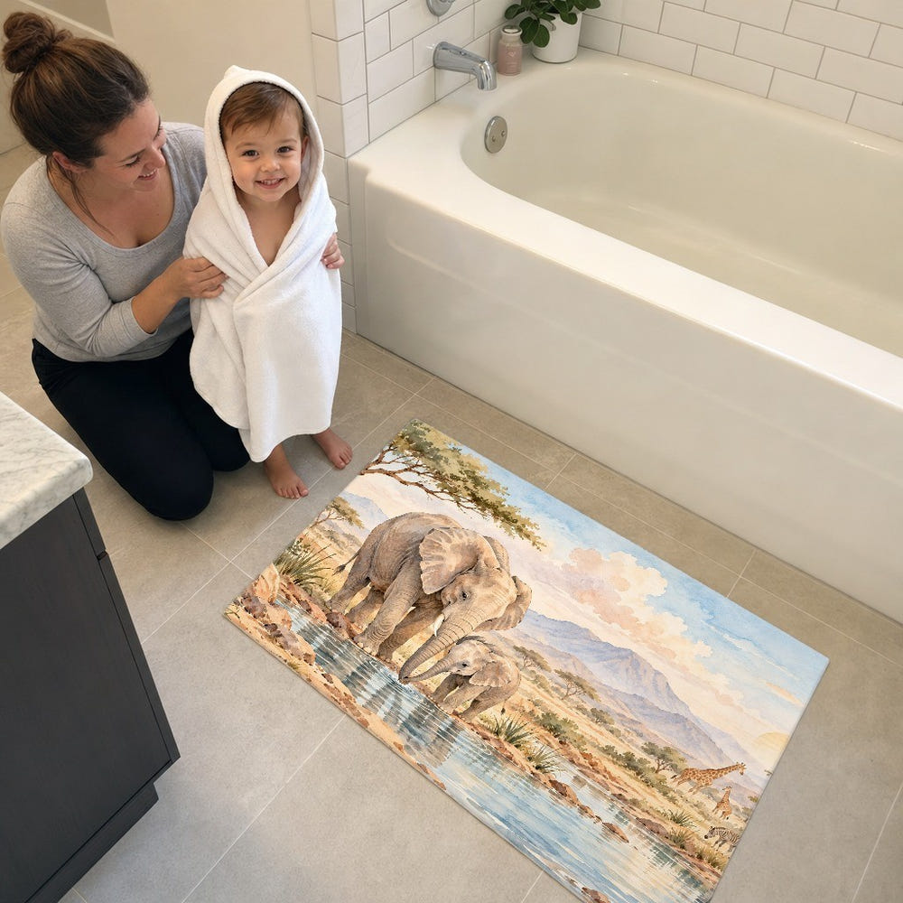 Elephant Family Safari kids bath mat, full view of the printed design