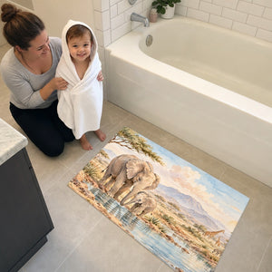 Mom and toddler in a hooded towel next to the Elephant Family Safari bath mat