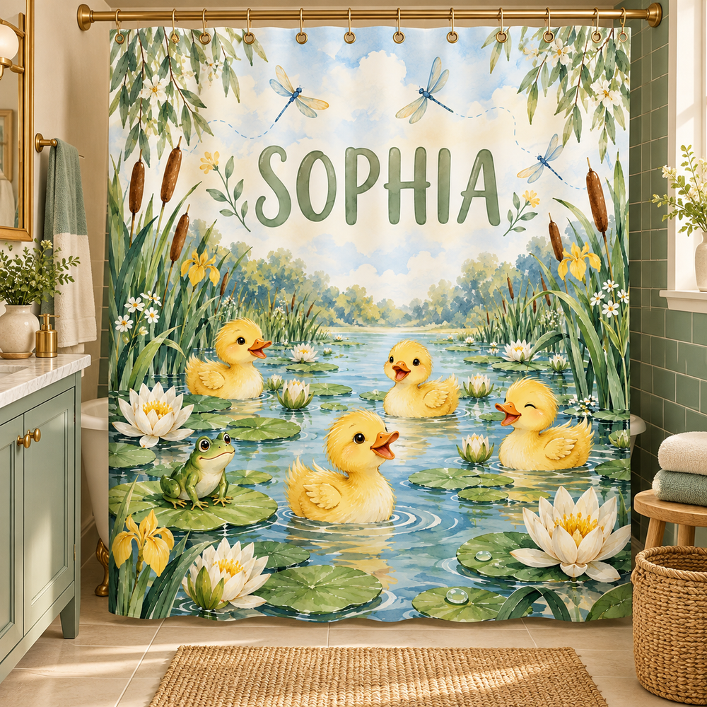 Personalized yellow ducklings kids shower curtain with the name Sophia