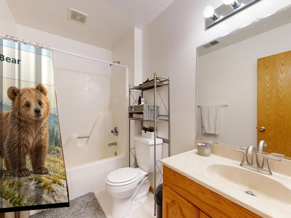 B is for Bear Alphabet shower curtain on a tub shower combo in an American family bathroom