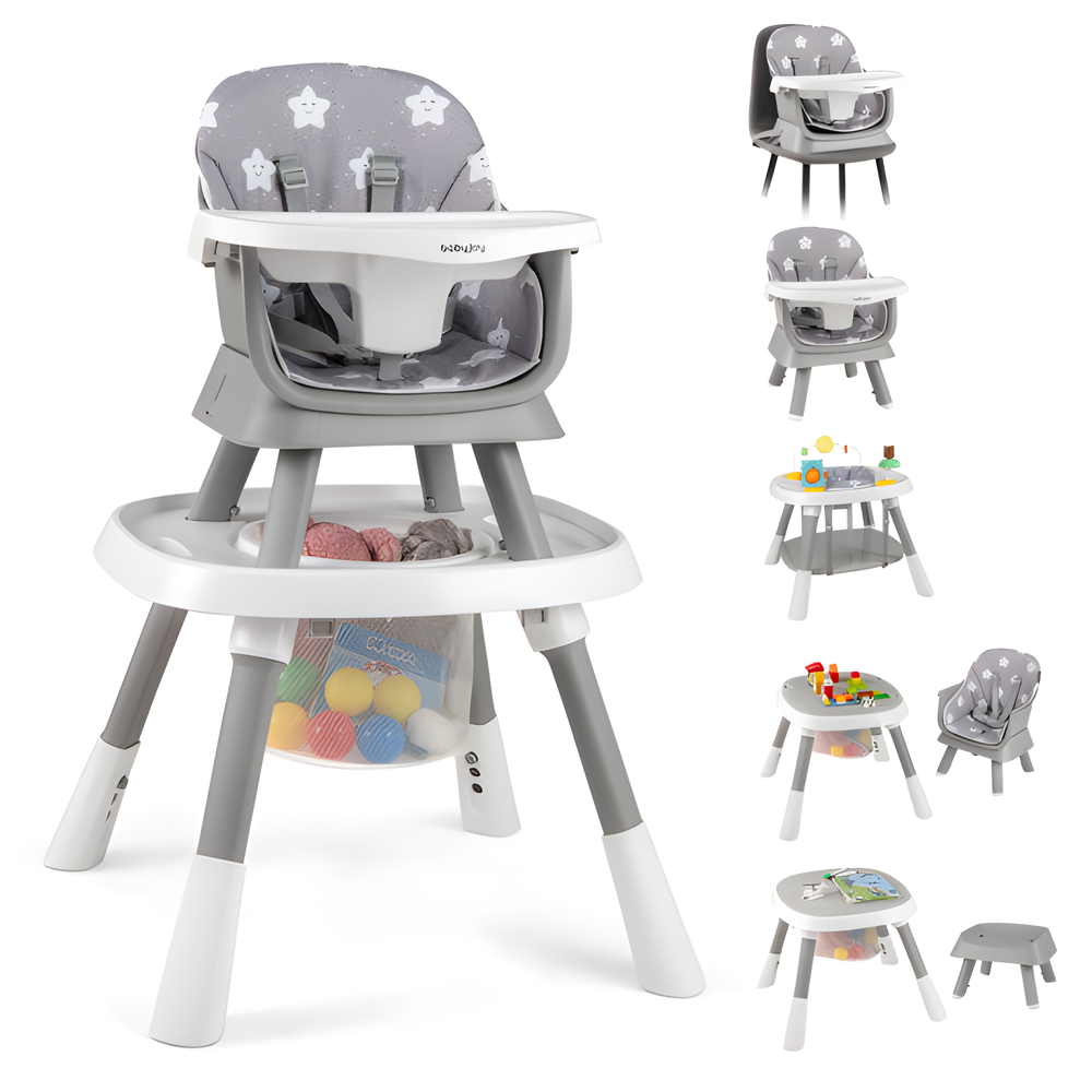 16-in-1 Baby High Chair in Grey with Activity Center and Booster Seat for Babies and Toddlers.