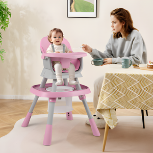 16-in-1 pink baby high chair with activity center and booster seat for toddlers. Ideal for mealtime and playtime.