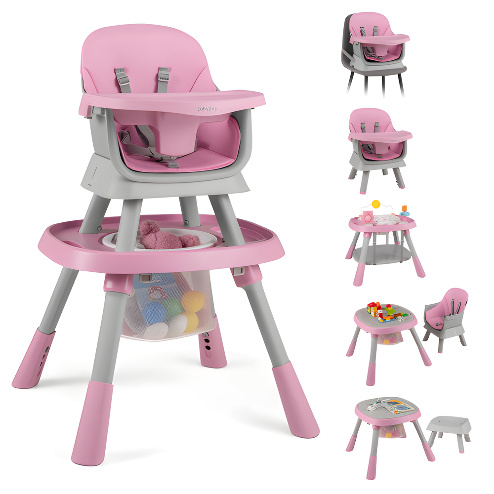 16-in-1 pink baby high chair with activity center and booster seat for toddlers. Ideal for mealtime and playtime.
