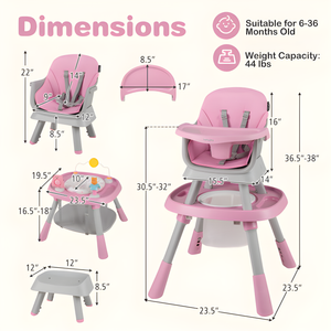 16-in-1 pink baby high chair with activity center and booster seat, perfect for babies and toddlers. Angle 3 view.