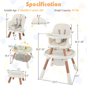 16-in-1 Baby High Chair with Activity Center and Booster Seat in white, angled view showcasing versatility for toddlers.
