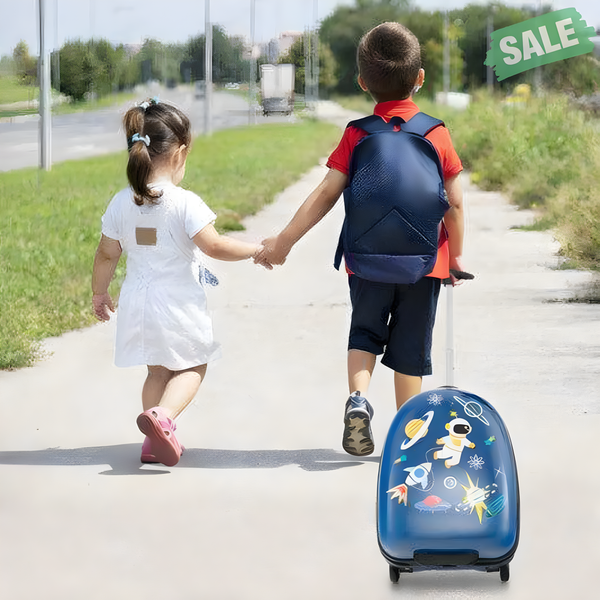 Blue 16-inch kids carry-on luggage suitcase with wheels, hard shell design, shown from angle 2. Perfect for little travelers.