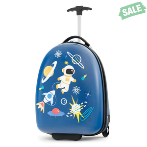 Blue 16-inch kids carry-on luggage hard shell suitcase with wheels, shown from angle 3. Perfect for travel!