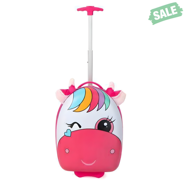 16 Inch pink kids rolling luggage with 2 flashing wheels and telescoping handle, perfect for travel.