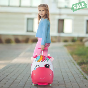 Pink 16-inch kids rolling luggage with flashing wheels and telescoping handle, viewed from angle 2.