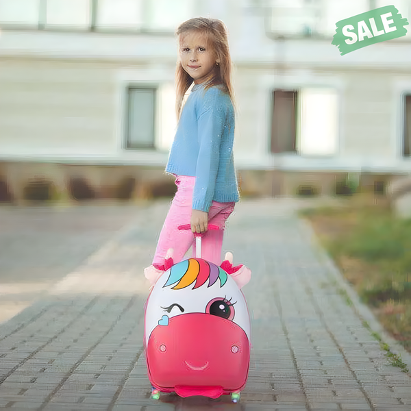 Pink 16-inch kids rolling luggage with flashing wheels and telescoping handle, viewed from angle 2.