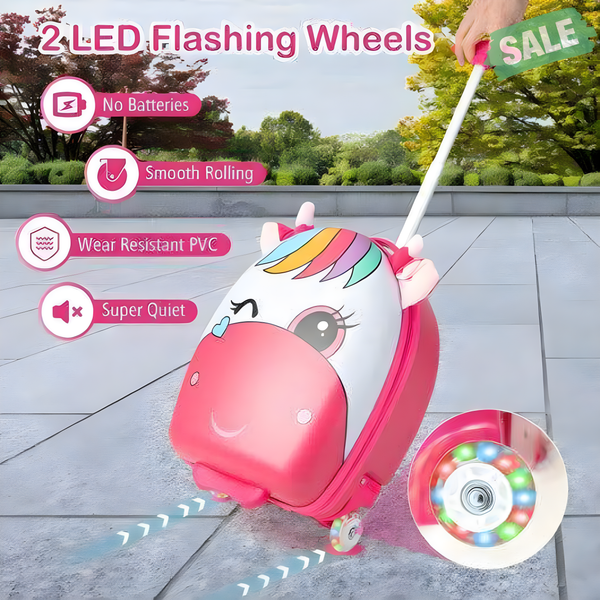 16-inch pink kids rolling luggage with 2 flashing wheels and telescoping handle, shown from angle 3.