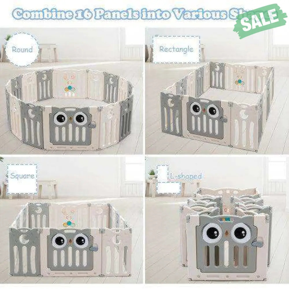 16-Panel Baby Activity Center Play Yard with Lock Door -Beige Baby Playpen & Playards