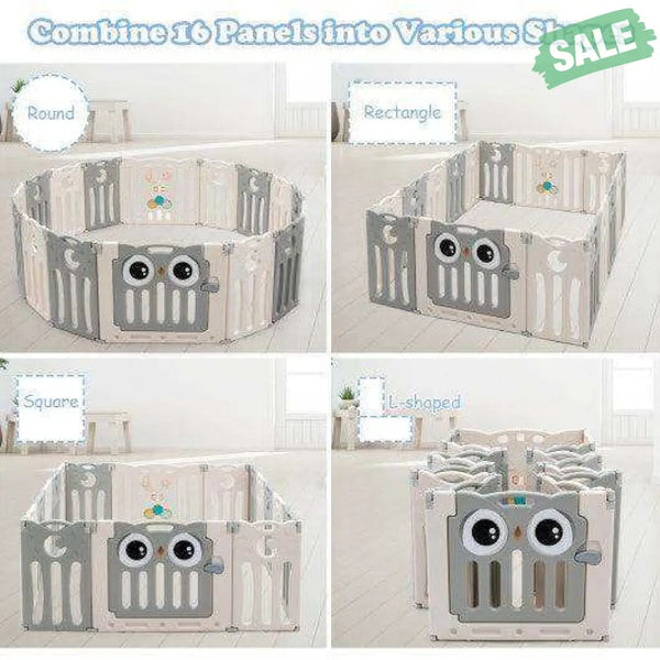 16-Panel Baby Activity Center Play Yard with Lock Door -Beige Baby Playpen & Playards