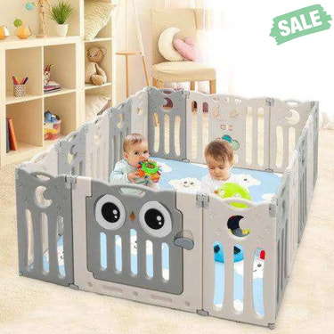 16-Panel Baby Activity Center Play Yard with Lock Door -Beige Baby Playpen & Playards