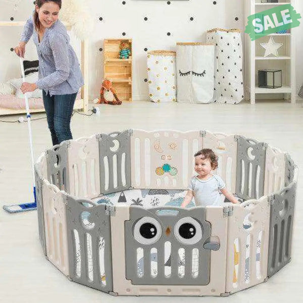 16-Panel Baby Activity Center Play Yard with Lock Door -Beige Baby Playpen & Playards