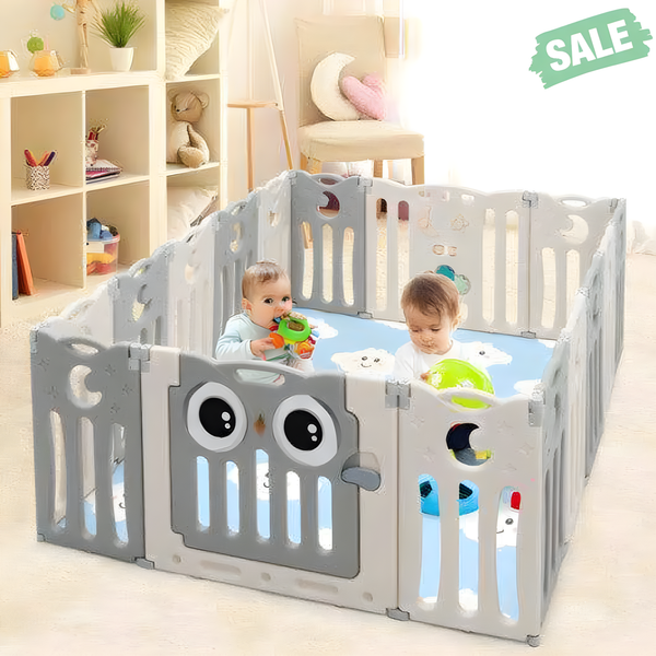 16-Panel Beige Baby Activity Center Play Yard with Lock Door for safe playtime and exploration.