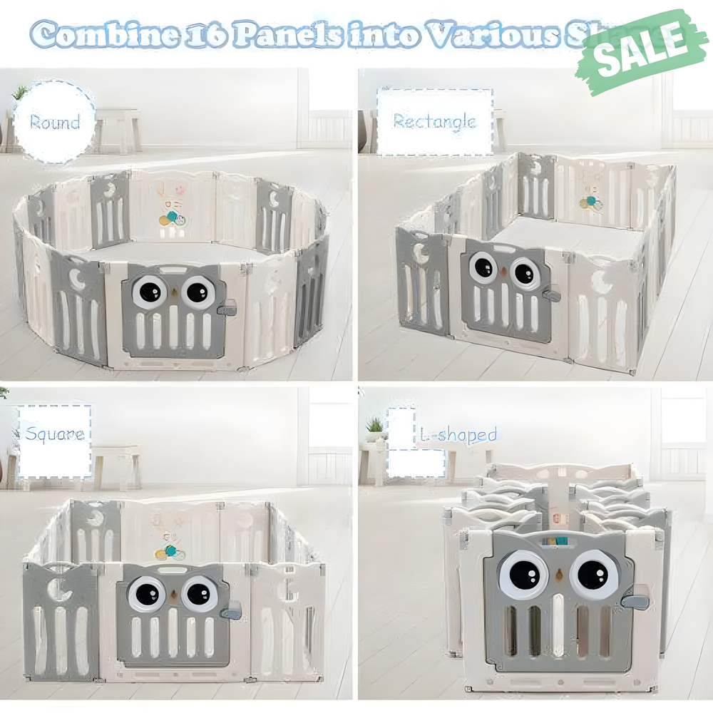 16-Panel Beige Baby Activity Center Play Yard with Lock Door for safe playtime and exploration.